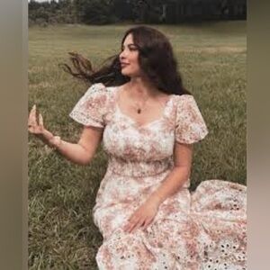 Floral Eyelet Puffed Sleeve Maxi Dress